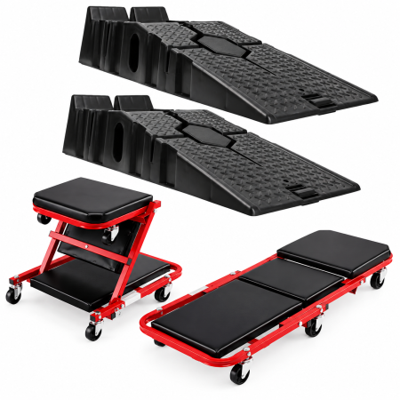 Rampa - Kit pachet rampa auto 3 Tone + Banca atelier 2 in 1 tip sezlong si scaun, 6 roti pivotante, cadru metalic, 150 kg  (M80096+KD10764)