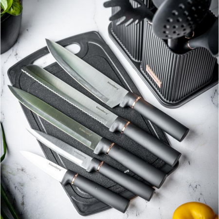 Set 12 piese, 5 cutite otel, 5 ustensile silicon, tocator si suport depozitare (KB-7835) [24]