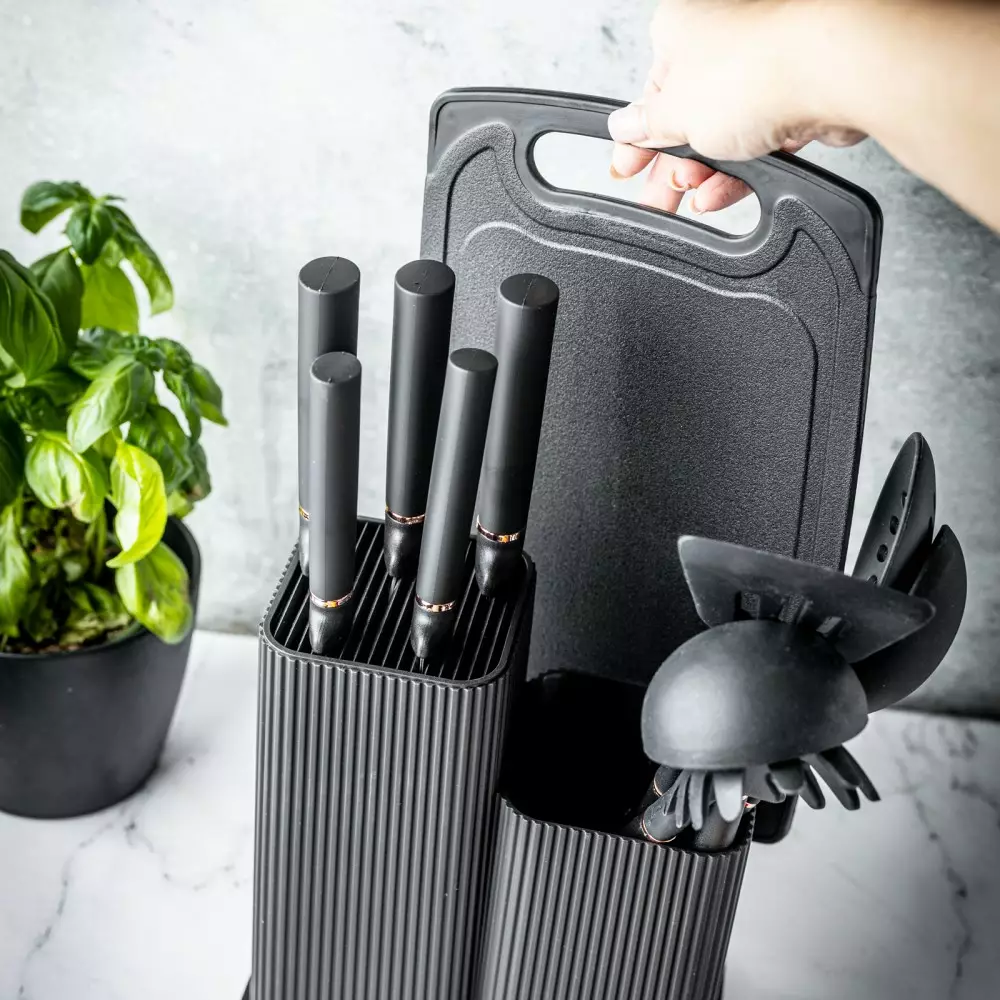 Set 12 piese, 5 cutite otel, 5 ustensile silicon, tocator si suport depozitare (KB-7835) [1]