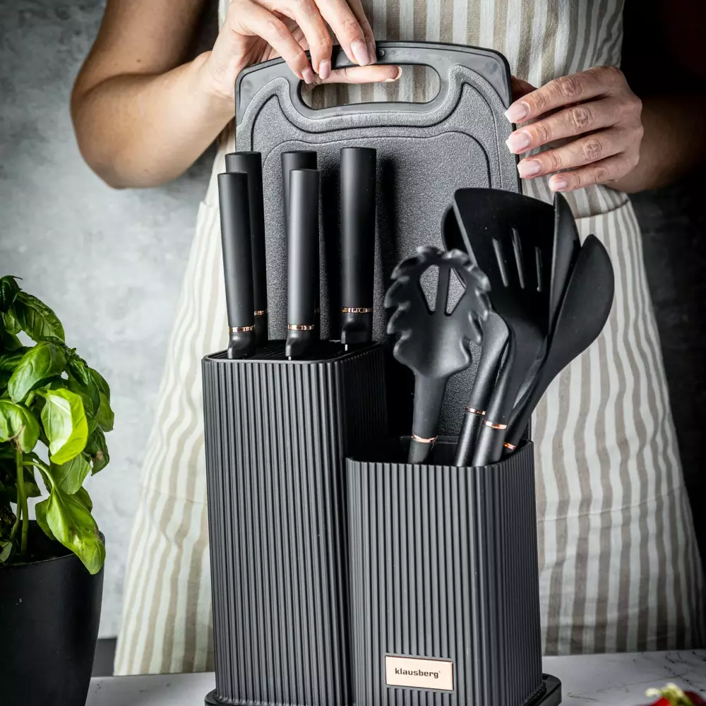 Set 12 piese, 5 cutite otel, 5 ustensile silicon, tocator si suport depozitare (KB-7835) [12]