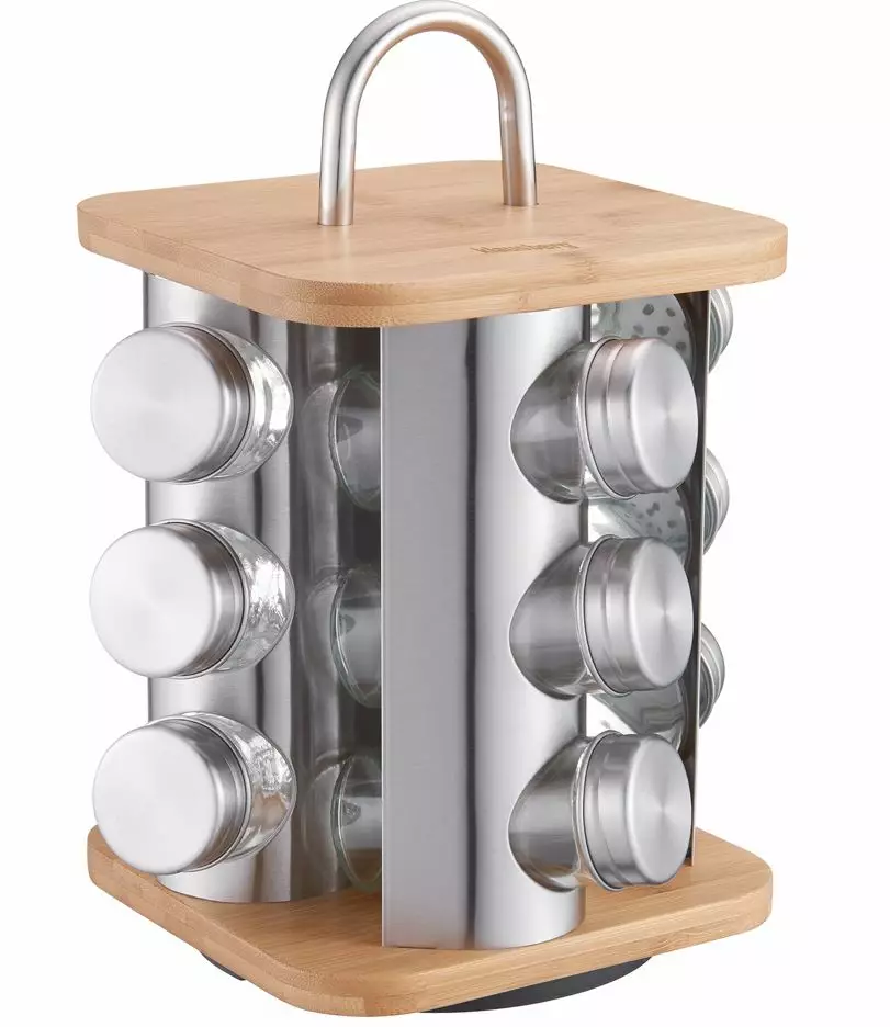 Depozitare si organizare - Set 13 piese pentru condimente din otel sticla si bambus (KB-7554)