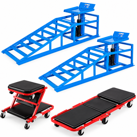 Rampa - Set rampe auto metalica cu ridicare hidraulica 2 Tone 2000kg 270-375mm  + Banca atelier 2 in 1 tip sezlong si scaun, 6 roti pivotante, cadru metalic, 150 kg  (ALRN2478+KD10764)