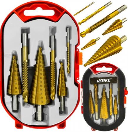 Scule de mana - Set 3 burghie freza conica metal in trepte 4-30mm + 3 burghie frezare (V05051)