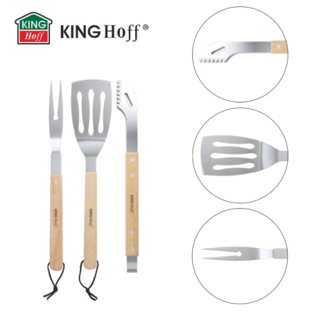 Ustensile bucatarie - Set 3 piese ustensile de gratar din otel inoxidabil cu maner din lemn  (KH-1918)