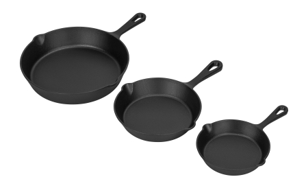 Casa - Set 3 tigai din fonta pentru prajit si gatit, dimensiuni 25,5–36,4 cm, compatibile cu inductie si gaz (KD4416)