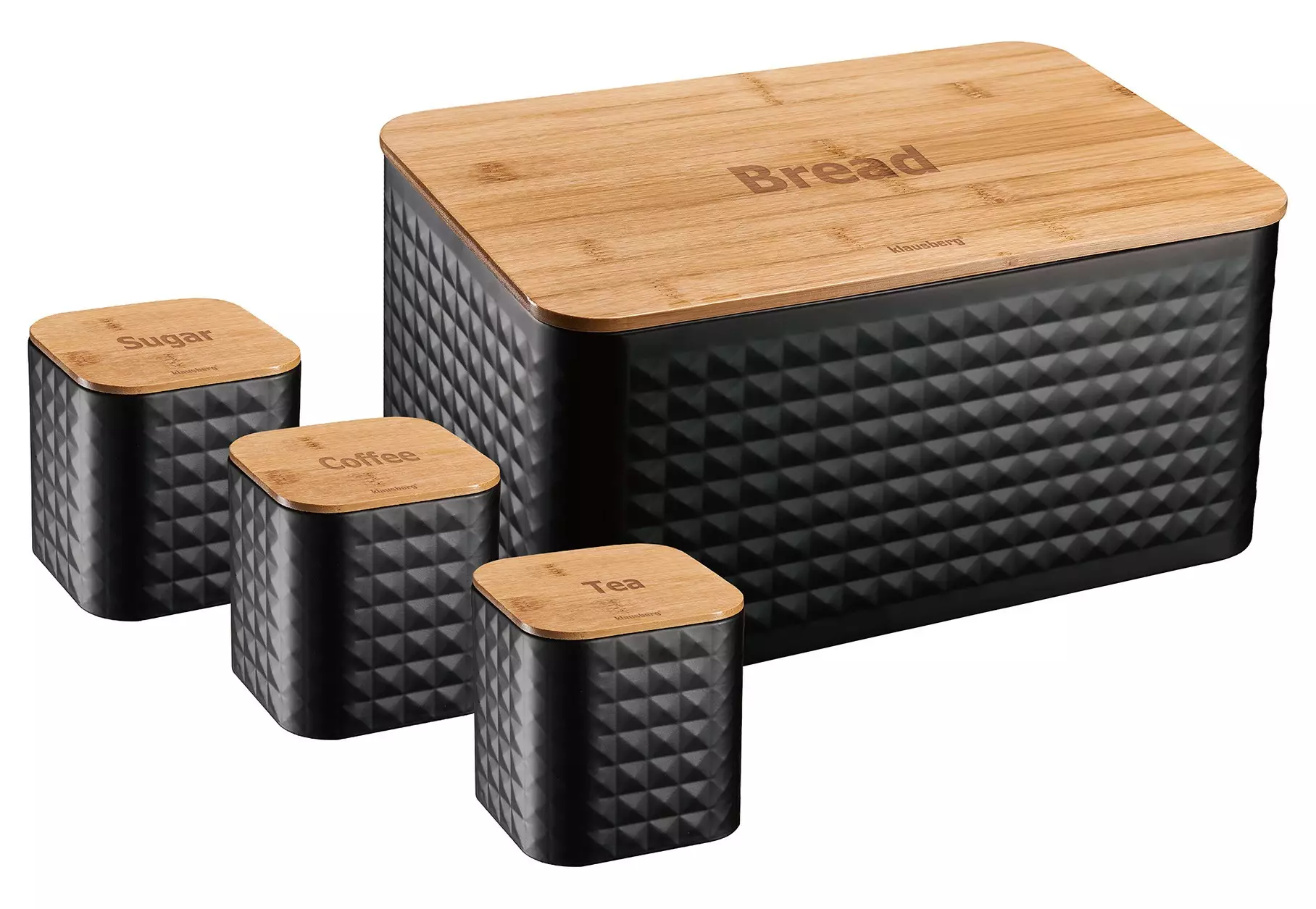Depozitare si organizare - Set 4 recipiente paine, zahar, ceai si cafea din bambus si otel negru (KB-7482)