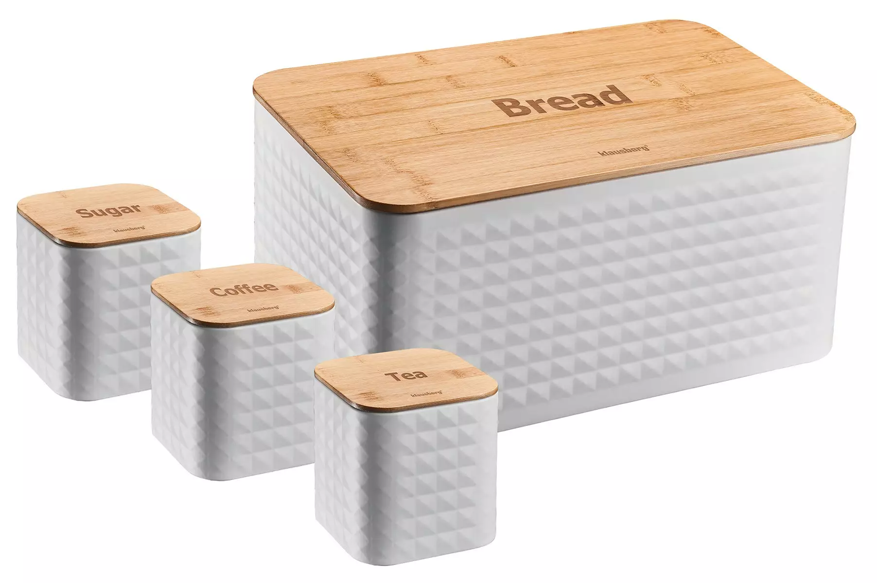 Depozitare si organizare - Set 4 recipiente paine, zahar, ceai si cafea din bambus si otel alb (KB-7483)