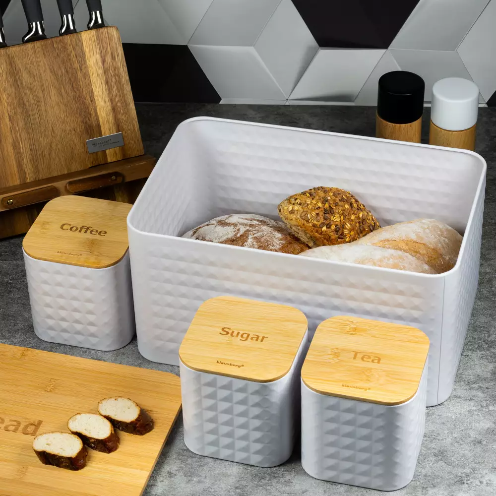 Set 4 recipiente paine, zahar, ceai si cafea din bambus si otel alb (KB-7483) [5]
