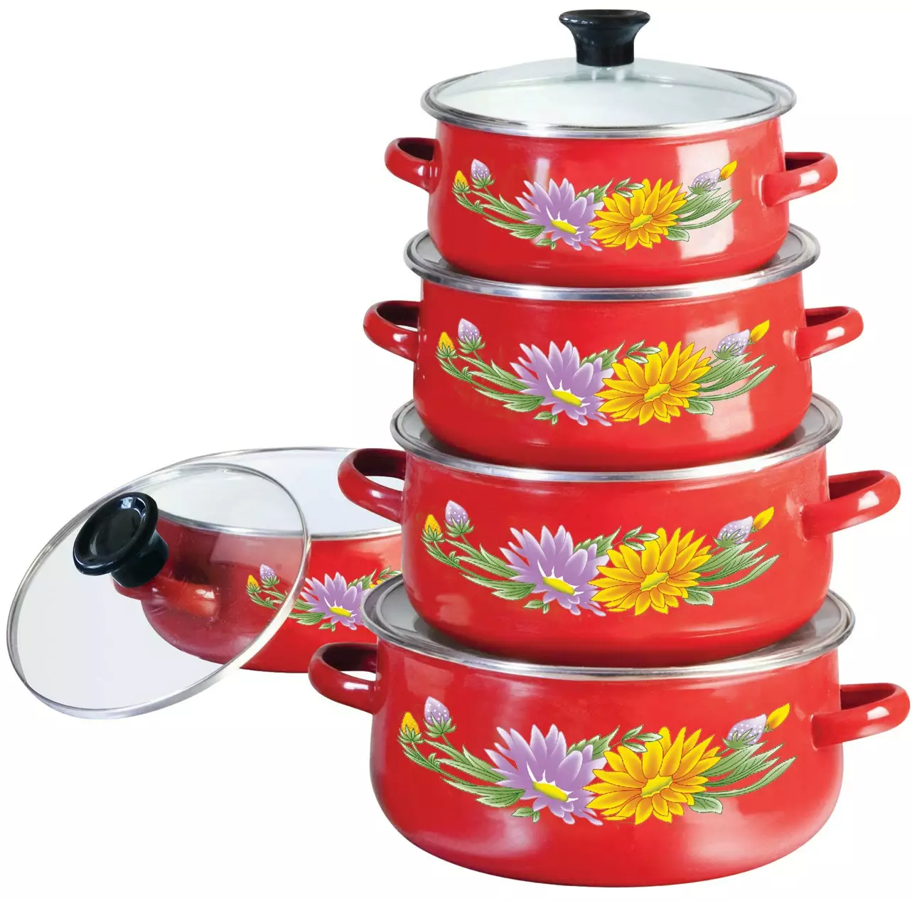 Oale si cratite - Set 5 oale emaliate cu capace, 5 oale si 5 capace, diverse culori cu model (KB-7170)