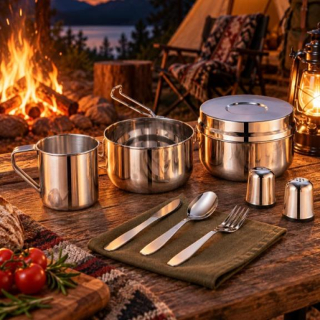 Set camping 9 piese din inox cu oala 1,5L cana 0,5L recipient 1,1L si tacamuri (KH-2060) [3]
