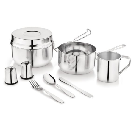 Set camping 9 piese din inox cu oala 1,5L cana 0,5L recipient 1,1L si tacamuri (KH-2060) [1]