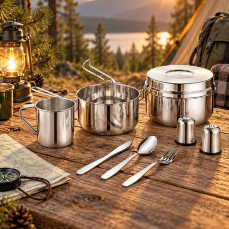 Set camping 9 piese din inox cu oala 1,5L cana 0,5L recipient 1,1L si tacamuri (KH-2060) [2]