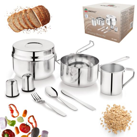 Altele - Set camping 9 piese din inox cu oala 1,5L cana 0,5L recipient 1,1L si tacamuri (KH-2060)