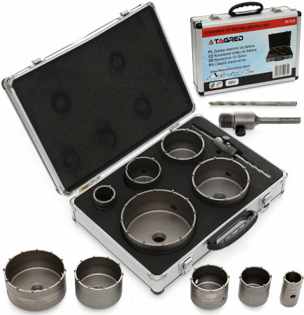 Burghie freze carote dalti dornuri - Set carote 7 piese cu vidie pentru beton 40-125mm cu adaptor SDS+ (TA1510)