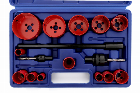 Burghie/freze/carote/dalti/dornuri/cutite strung/punctatoare - Set carote bi-metal lemn 17 piese, geanta, 19-76mm (KD10345)