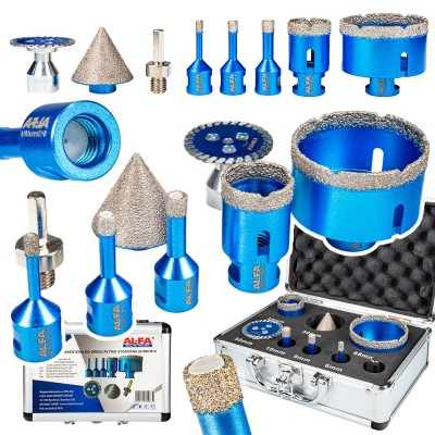 Burghie/freze/carote/dalti/dornuri/cutite strung/punctatoare - Set carote diamantate conice 6-68mm pentru gresie si portelan, cu adaptor si cutie (3337)