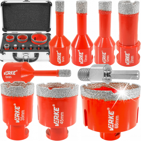 Burghie/freze/carote/dalti/dornuri/cutite strung/punctatoare - Set carote diamantate piatra gresie faianta beton 6-68mm M14 9 piese (V05504)