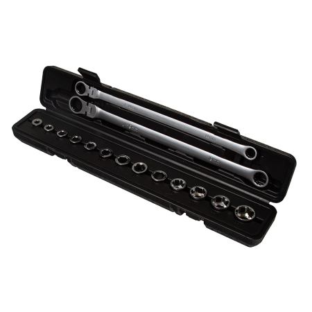 Scule Atelier Auto - Set chei inelare cu brat lung clichet si adaptoare 15 piese 8-24 mm (M58596)