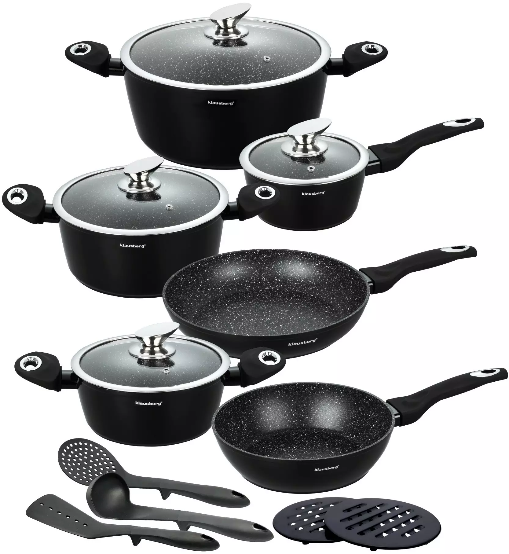 Oale si cratite - Set complet de vase pentru gatit, invelis marmura neagra 15 piese, negru (KB-7322)