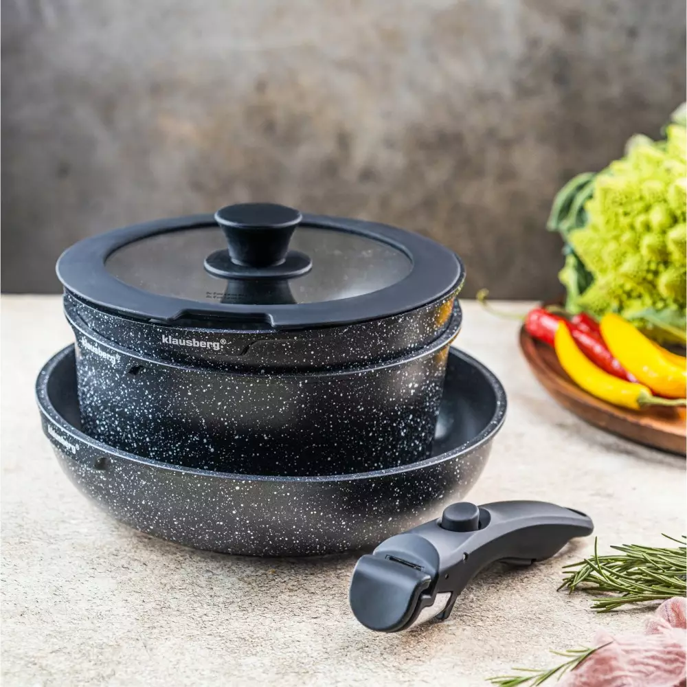 Set de 3 piese de oala si tigai cu invelis antiaderent + maner detasabil si capac (KB-7858) [4]