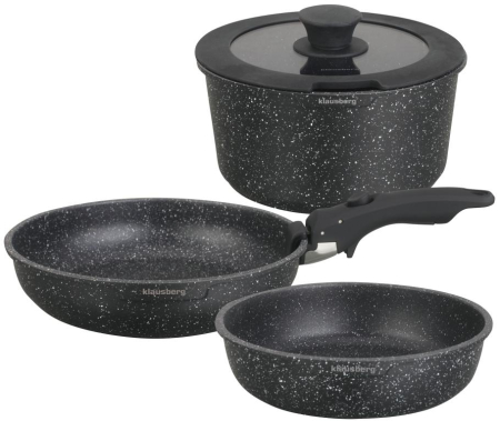 Oale si cratite - Set de 3 piese de oala si tigai cu invelis antiaderent + maner detasabil si capac (KB-7858)