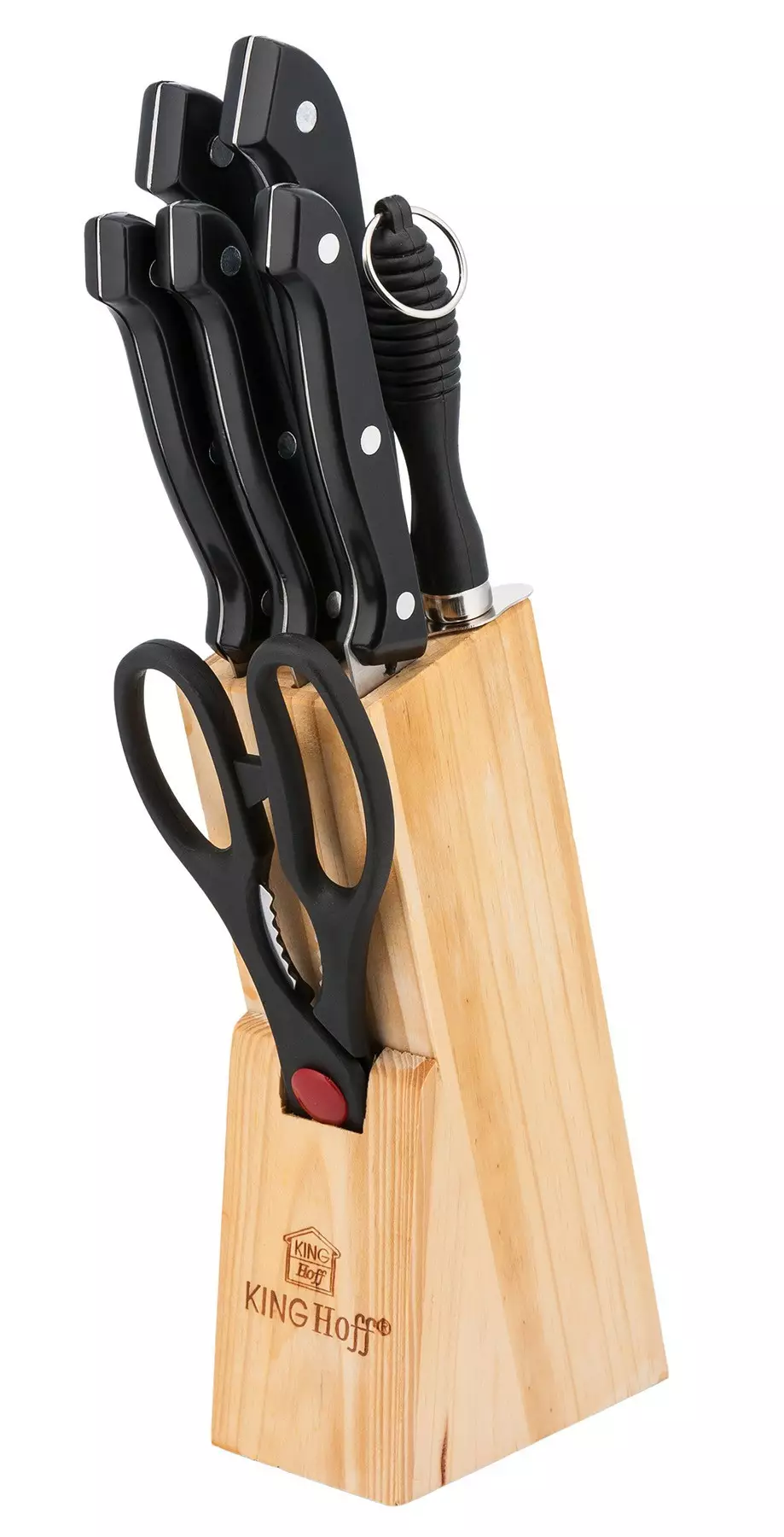 Tacamuri si seturi de tacamuri - Set de cutite din otel inoxidabil, 5 cutite, 1 ascutitor, 1 foarfeca si suport din lemn (KH-3444)