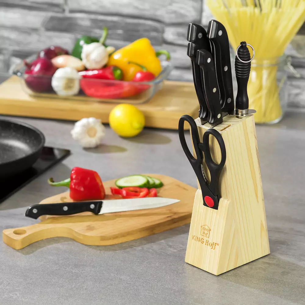 Set de cutite din otel inoxidabil, 5 cutite, 1 ascutitor, 1 foarfeca si suport din lemn (KH-3444) [1]