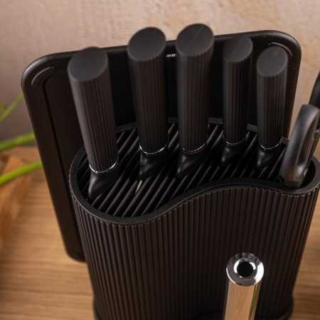 Set tocator, cutite si foarfeca din otel inoxidabil cu suport, 8 piese, negru (KB-7977) [12]