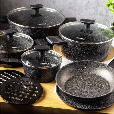 Set de oale si tigai cu strat antiaderent, 12 piese 6 vase, 4 capace, 2 suporturi, negru (KB-7830) [31]