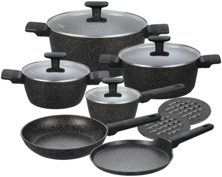 Oale si cratite - Set de oale si tigai cu strat antiaderent, 12 piese 6 vase, 4 capace, 2 suporturi, negru (KB-7830)