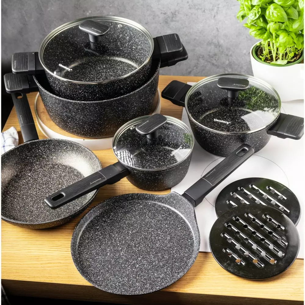 Set de oale si tigai cu strat antiaderent, 12 piese 6 vase, 4 capace, 2 suporturi, negru (KB-7830) [15]