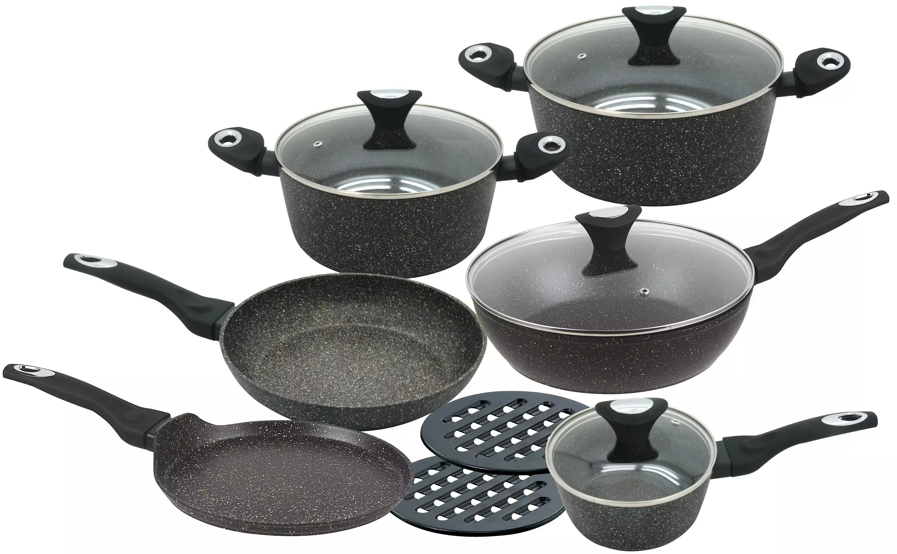 Seturi vase gatit - Set de vase pentru gatit  12 piese, invelis marmura neagra, 4 oale, 2 tigai, 4 capace si suporturi termorezistente (KB-7201)