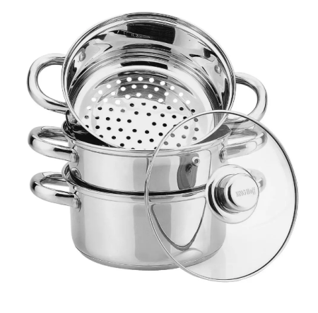 Casa - Set gatit la abur inox 4 piese Ø20cm 3.1L cu 2 insertii si capac sticla (KH-3321)