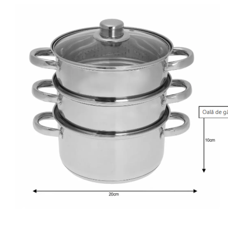 Set gatit la abur inox 4 piese Ø20cm 3.1L cu 2 insertii si capac sticla (KH-3321) [2]