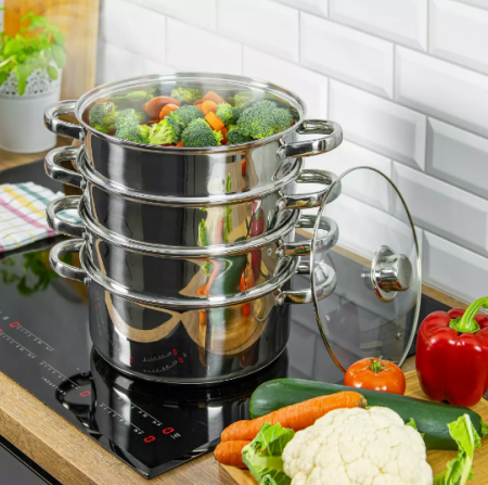 Set gatit la abur inox 5 piese Ø18cm 2.5L cu 3 insertii si capac sticla (KH-3317) [1]
