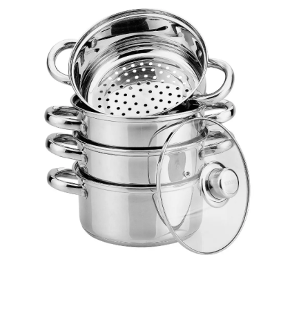 Casa - Set gatit la abur inox 5 piese Ø18cm 2.5L cu 3 insertii si capac sticla (KH-3317)