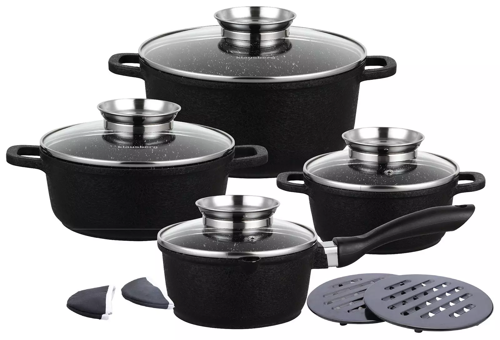 Oale si cratite - Set oale de gatit 12 piese din aluminiu cu invelis de marmura negru (KB-7360)