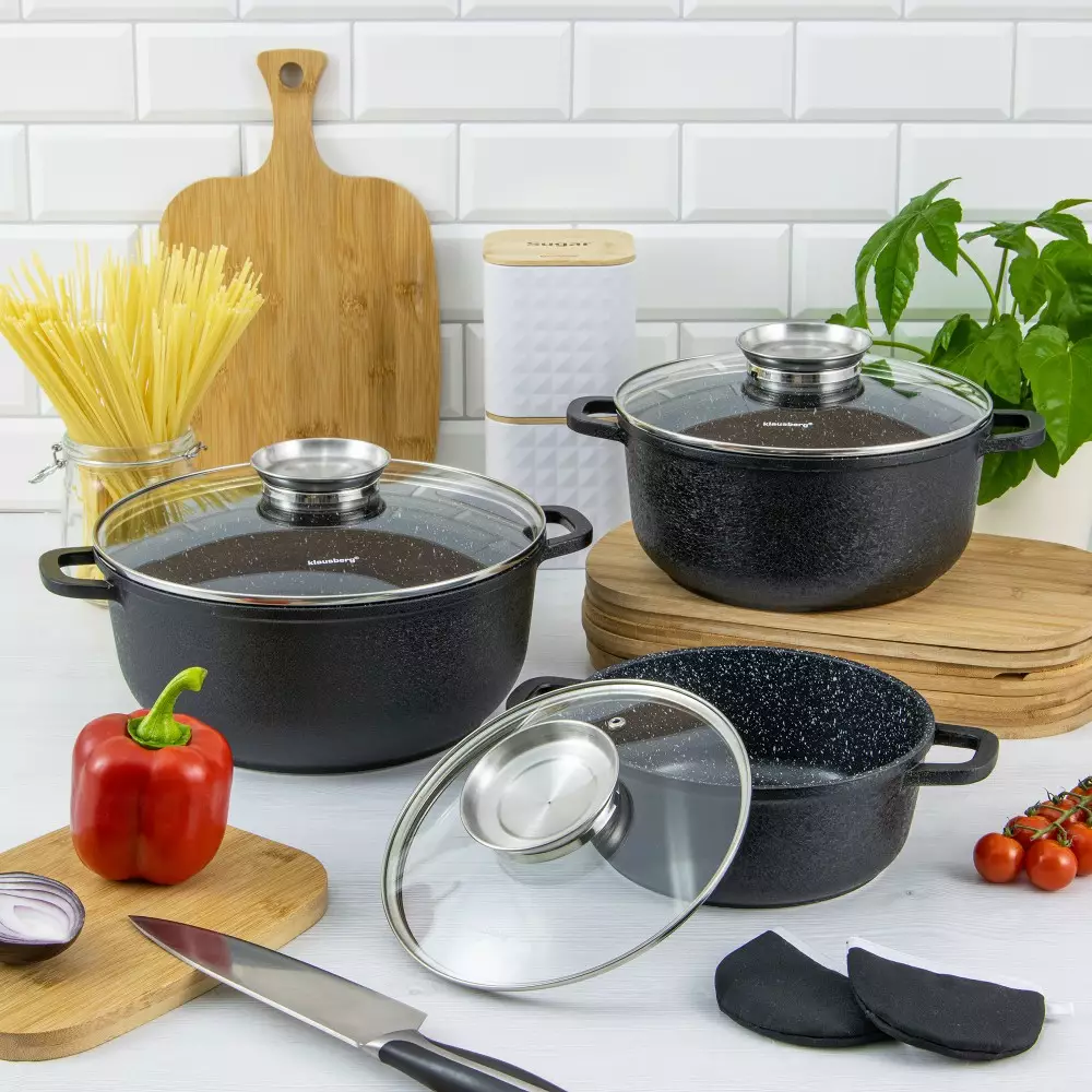 Set oale de gatit 12 piese din aluminiu cu invelis de marmura negru (KB-7360) [1]