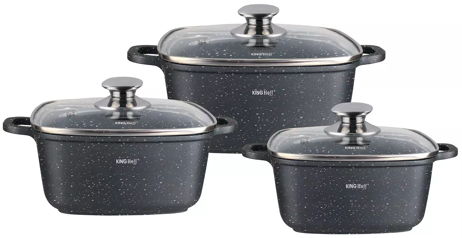 Oale si cratite - Set oale de gatit patrate 6 piese cu invelis marmorat si capace din sticla (KH-1607)