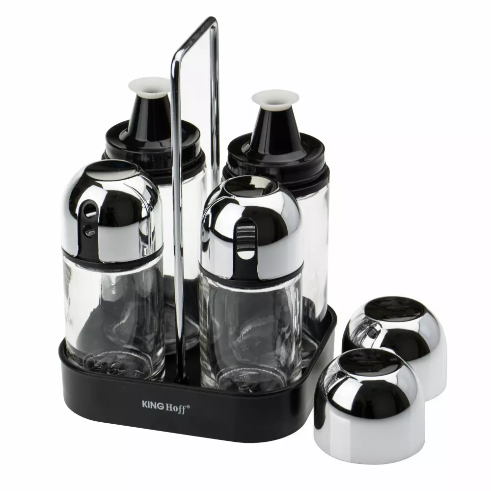Accesorii servire - Set pentru condimente, 5 piese din sticla si otel si suport (KH-1647)
