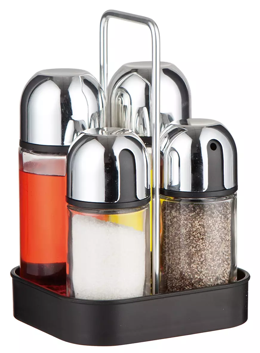 Set pentru condimente, 5 piese din sticla si otel si suport (KH-1647) [6]