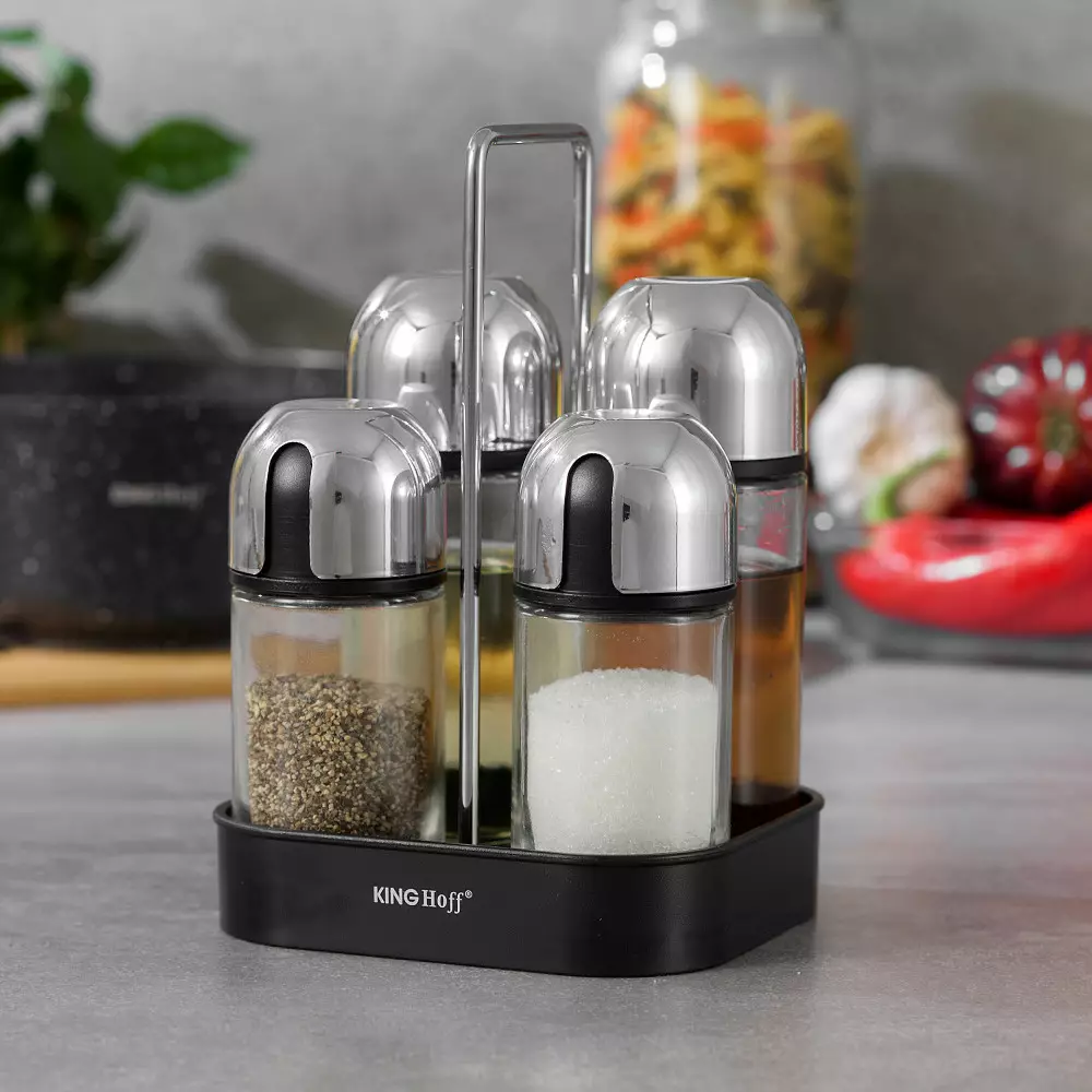 Set pentru condimente, 5 piese din sticla si otel si suport (KH-1647) [4]