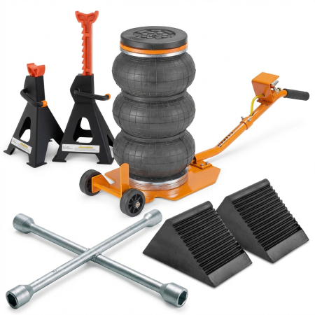Scule Atelier Auto - Set ridicare auto cric pneumatic 3.5 tone + suporti 3 tone + cheie cruce + pene opritoare (14308+OX-467+KD10532+PM-GKPK-133T)