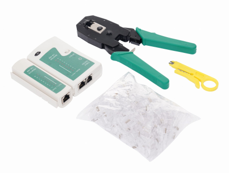 Altele - Set tester cleste pentru sertizare conectori RJ45, conectori si mufe retea LAN IT + 100 mufe (KD10882)