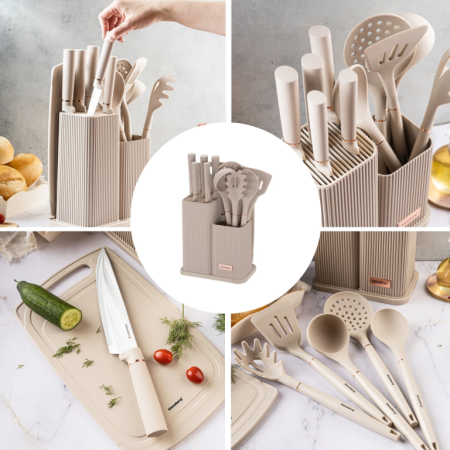 Casa - Set ustensile de bucatarie cutite si tocator bej (KB-7935)