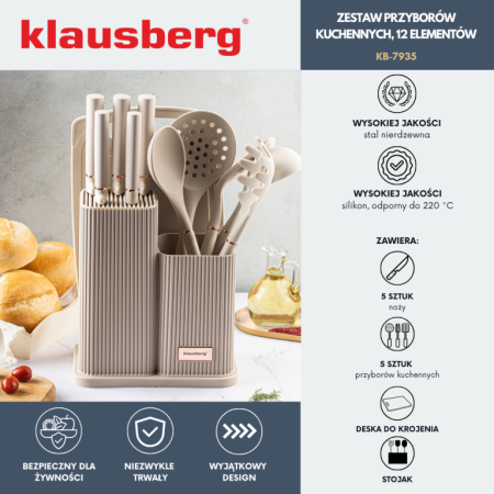 Set ustensile de bucatarie cutite si tocator bej (KB-7935) [11]