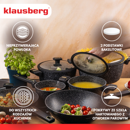 Set vase gatit 12 piese din aluminiu turnat cu coating marmura antiaderent si capace sticla (KB-7968) [10]