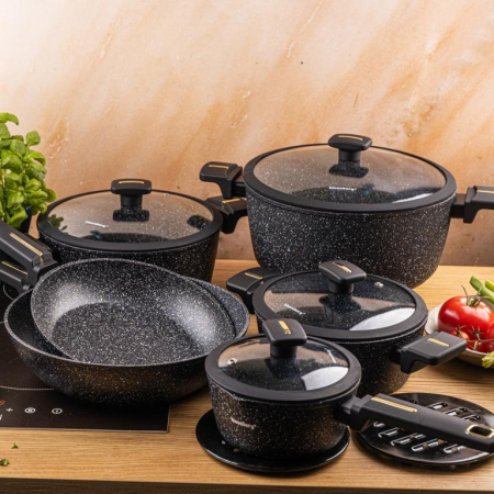 Set vase gatit 12 piese din aluminiu turnat cu coating marmura antiaderent si capace sticla (KB-7968) [7]