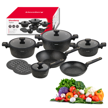 Seturi vase gatit - Set vase gatit 12 piese din aluminiu turnat cu coating marmura antiaderent si capace sticla (KB-7968)