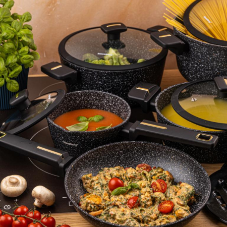 Set vase gatit 12 piese din aluminiu turnat cu coating marmura antiaderent si capace sticla (KB-7968) [6]